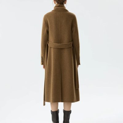 Warm brown long wool coat with belt and button details, stylish outerwear for winter fashion.