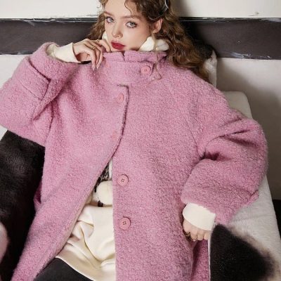 Pink fleece coat for women, stylish winter outerwear, cozy and warm fashion piece, Monalisa Store winter collection, trendy women's coats for cold weather.