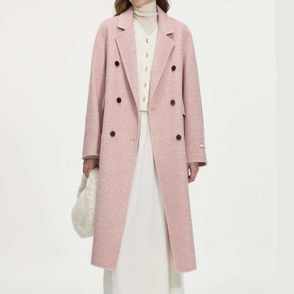 Stylish pink double-breasted wool coat for women, perfect for cold weather and fashion-forward winter outfits. Elegant and cozy outerwear from Monalisa Store.
