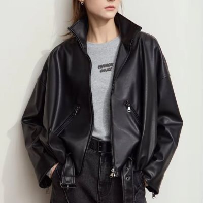 Black leather jacket fashion model, stylish sunglasses, casual streetwear look, modern apparel, Monalisa Store opt clothing.