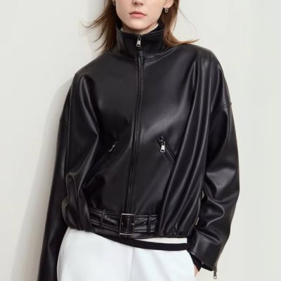 Black faux leather oversized zip-up jacket for women with stylish design and adjustable belt, perfect for fall and winter fashion.