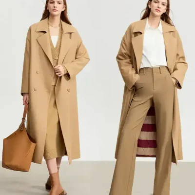 Camel colored women's trench coats styled for a fashionable look on Monalisa Medical Store website.