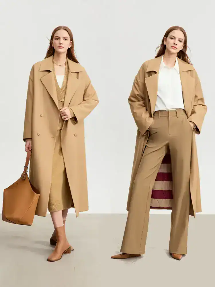 Camel colored women's trench coats styled for a fashionable look on Monalisa Medical Store website.