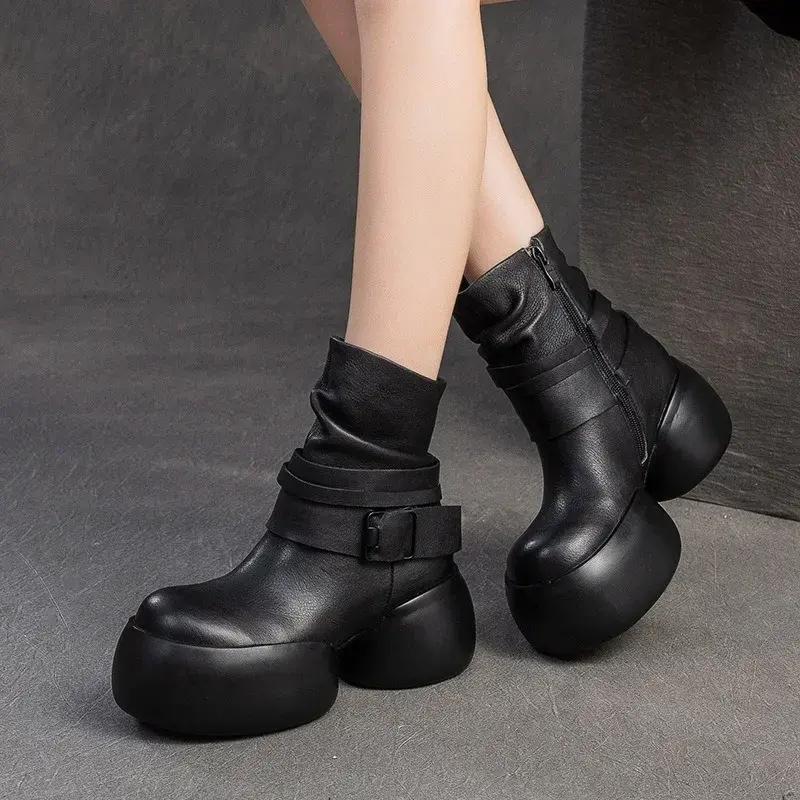Fashion-forward platform ankle boots, black leather with buckle detail, modern and trendy footwear for women at Monalisa Medical Store.