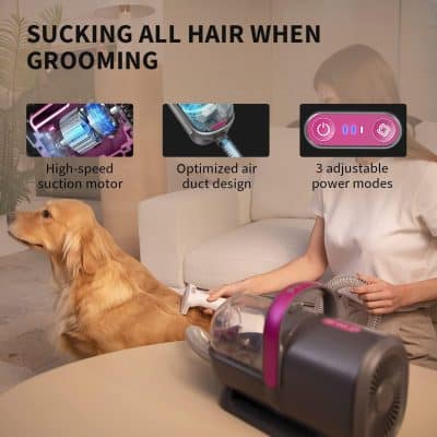 Vacuum pet grooming tool, pet hair remover device, Monalisa Store pet grooming vacuum with powerful suction, optimized air duct, and adjustable power modes.