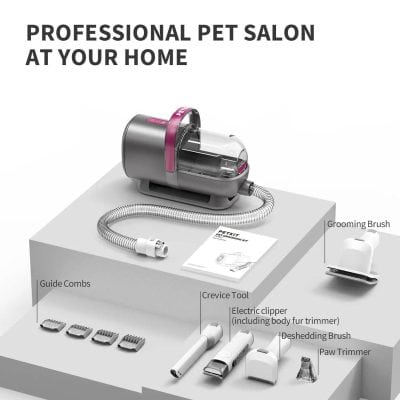 Portable pet grooming vacuum and accessories at Monalisa Store, ideal for dog and cat grooming at home. Includes guide combs, clipper, brushing tools, and grooming kit for professional pet care.