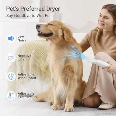 Pet's preferred dryer with low noise, negative ions, adjustable wind speed and temperature, designed to make pet grooming quiet and comfortable.