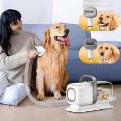 Brightening pet grooming with Monalisa Medical pet hair removal device, shown collecting hair from a golden retriever for easy cleaning, featuring advanced hair sucked and hair collected functions, perfect for pet owners.