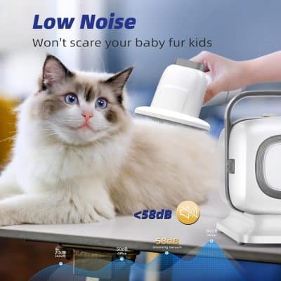 Low noise pet grooming vacuum cleaner suitable for cats, cats grooming, and pet salons, producing less than 58dB sound for peaceful grooming sessions.