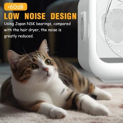 Low noise pet hair dryer with Japan NSK bearings, quiet operation ideal for grooming cats and dogs, gentle drying with minimal noise for pet comfort.
