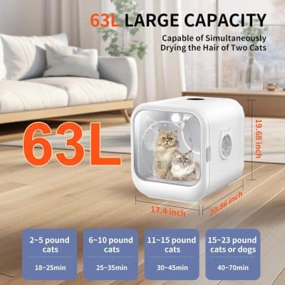 63L large capacity cat dryer for quick and efficient pet hair drying, suitable for cats and small dogs, with multiple time settings and quiet operation.