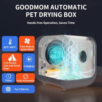 Automatic pet drying box with digital display, designed for quick and efficient drying of cats and small dogs, featuring automated operation, temperature control, and noise reduction.