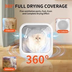 Reliable pet dryer with 360° full drying coverage, five ventilation ports, and quiet operation, perfect for grooming cats and dogs, featuring underarm, abdominal, and fur collector accessories.