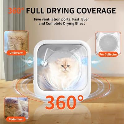 Reliable pet dryer with 360° full drying coverage, five ventilation ports, and quiet operation, perfect for grooming cats and dogs, featuring underarm, abdominal, and fur collector accessories.
