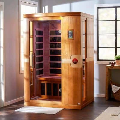 Relaxing infrared sauna cabin made of quality wood for home wellness and relaxation purposes.