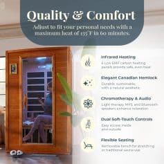 High-quality infrared sauna with wooden exterior, featuring dual soft-touch controls and flexible seating for personalized relaxation and therapeutic benefits, perfect for health and wellness.