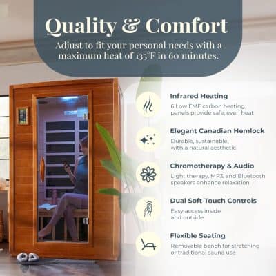 High-quality infrared sauna with wooden exterior, featuring dual soft-touch controls and flexible seating for personalized relaxation and therapeutic benefits, perfect for health and wellness.