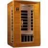 Sauna cabin with wooden interior and glass door for home wellness and relaxation.