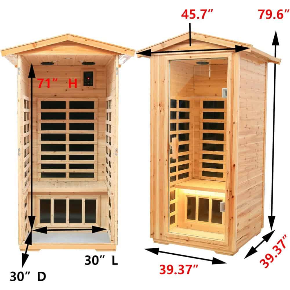 Natural wood sauna cabin with dimensions 45.7" x 39.37" x 79.6", featuring a glass door, cozy interior, and custom sizing options, ideal for home relaxation and wellness.
