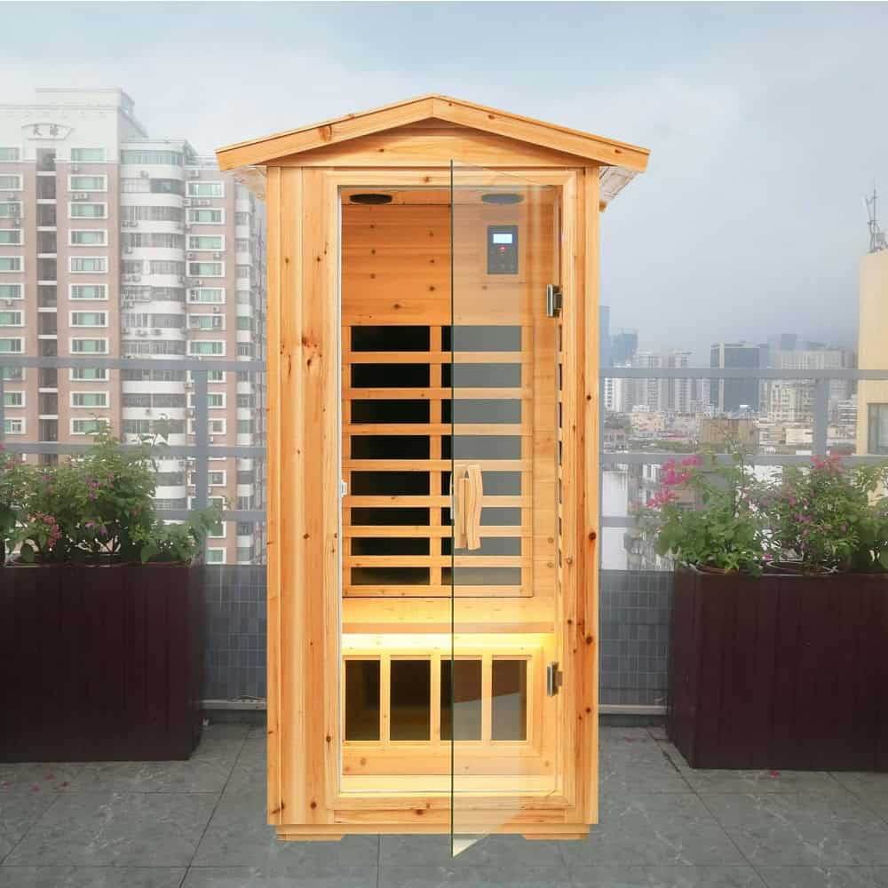Natural wood infrared sauna on a balcony, perfect for home wellness and relaxation. Modern design with digital control panel, ideal for health and stress relief.