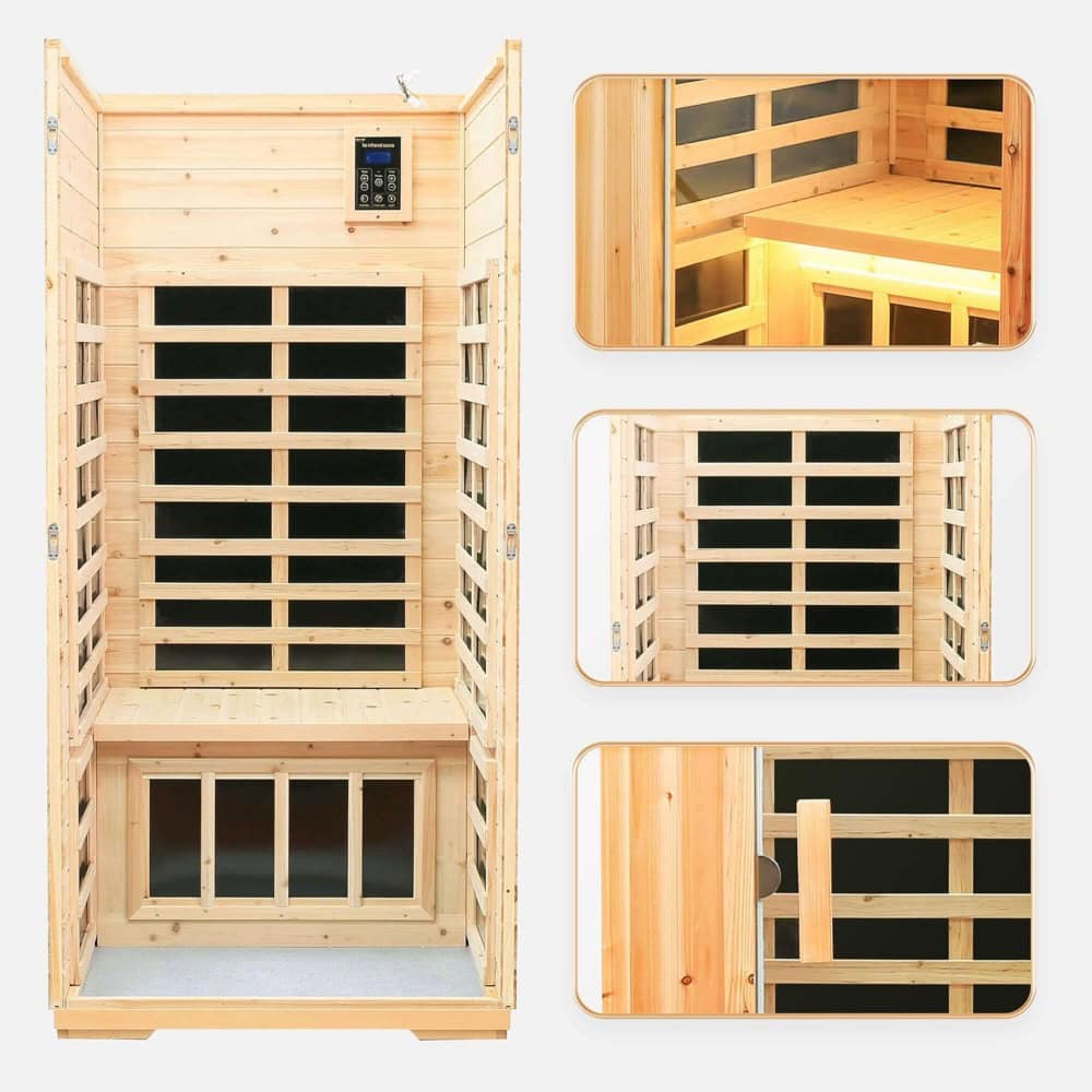 Luxury wooden infrared sauna cabin with digital control panel for home spa wellness therapies.