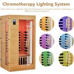 Chromotherapy light therapy sauna for wellness and relaxation, wooden infrared infrared sauna, home wellness sauna with chromotherapy lighting, Monalisa Medical.