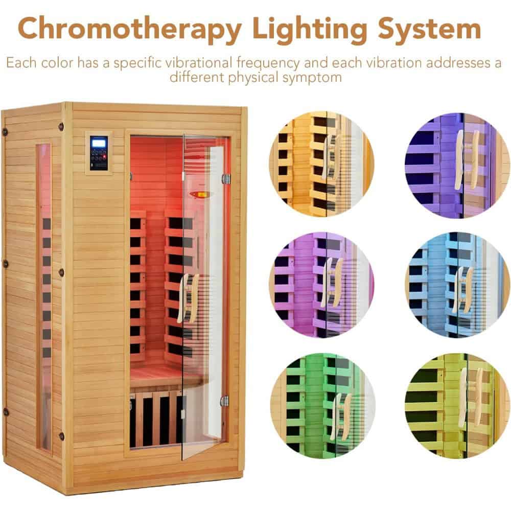 Chromotherapy light therapy sauna for wellness and relaxation, wooden infrared infrared sauna, home wellness sauna with chromotherapy lighting, Monalisa Medical.