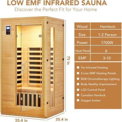 High-quality wooden infrared sauna for home relaxation with EMF low heating panels, RGB chromotherapy lighting, oxygen ionizer, touch LCD control, and Canadian Hemlock wood construction.
