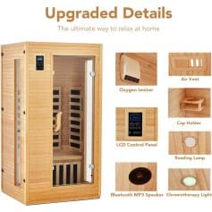 Luxurious wooden infrared sauna cabin with LCD control panel, oxygen ionizer, Bluetooth MP3 speaker, chromotherapy light, air vent, cap holder, reading lamp, and interior design for health and relaxation.