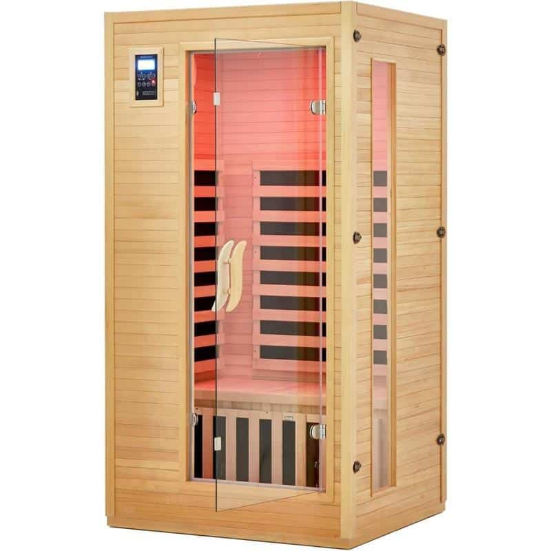 High-quality wooden infrared sauna with glass doors for optimal relaxation and health benefits at Monalisa Medical.