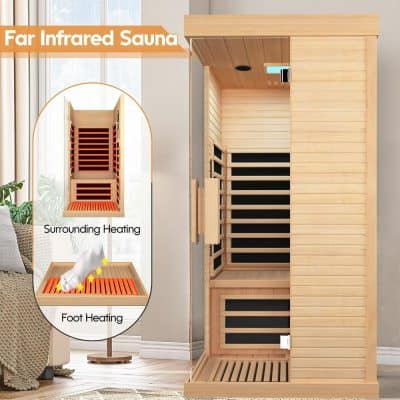 Relaxing Far Infrared Sauna with wooden interior ideal for health and wellness therapy. Features surrounding and foot heating for optimal comfort and detoxification benefits.