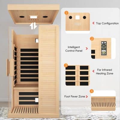 Luxury infrared sauna with smart control panel and multi-zone heating system, wooden design, foot and foot fever zones, for health and wellness, Monalisa Medical Store.