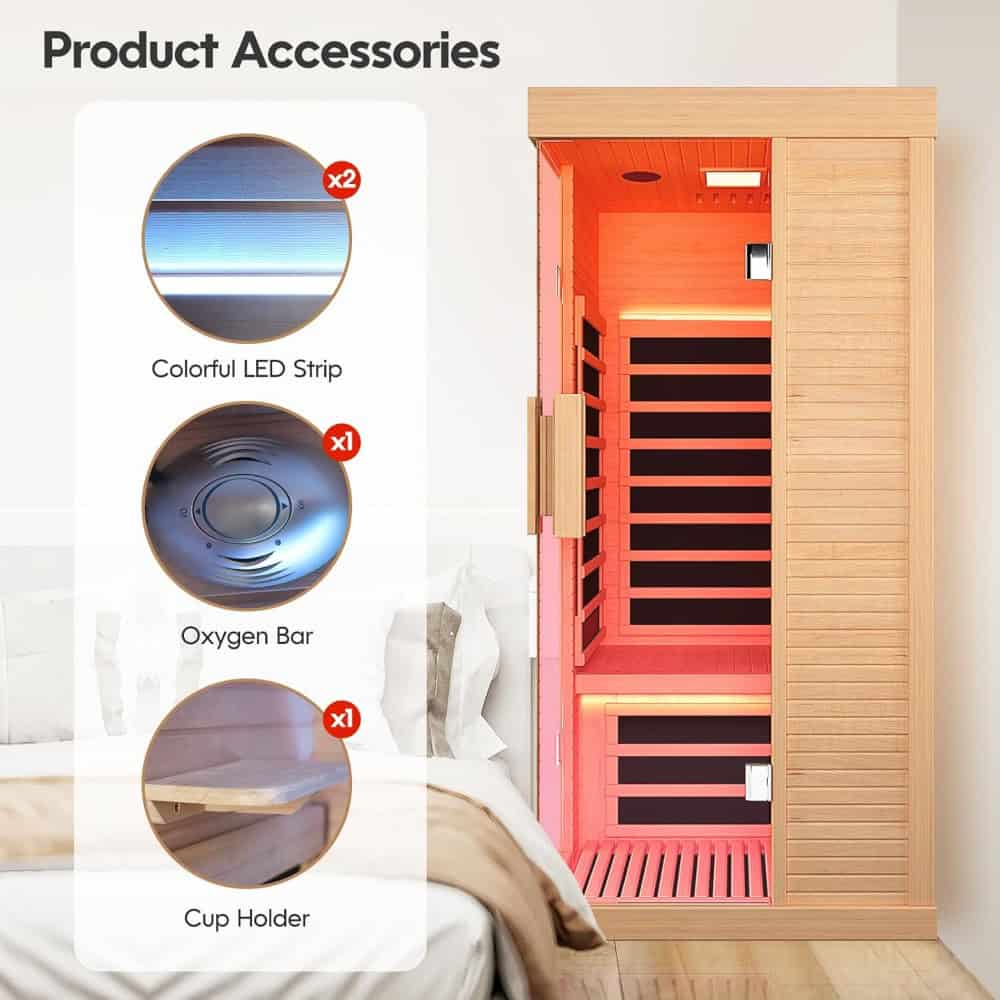 Vibrant infrared sauna with LED lighting, oxygen bar, and steam room accessories for health recovery and relaxation. Modern wellness equipment for holistic therapy and rejuvenation care.
