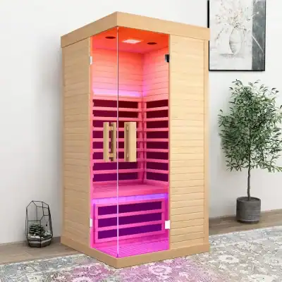 Sauna cabinet with pink LED lighting, wooden interior, glass doors, and handles, perfect for relaxing and wellness at Monalisa Medical Store.
