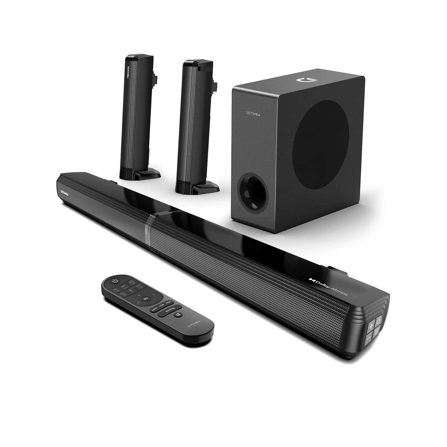 Wireless soundbar system with subwoofer and remote control, home theater speaker set for immersive audio experience.