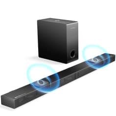 Wireless soundbar and subwoofer home theater system for clear TV audio and enhanced entertainment experience.