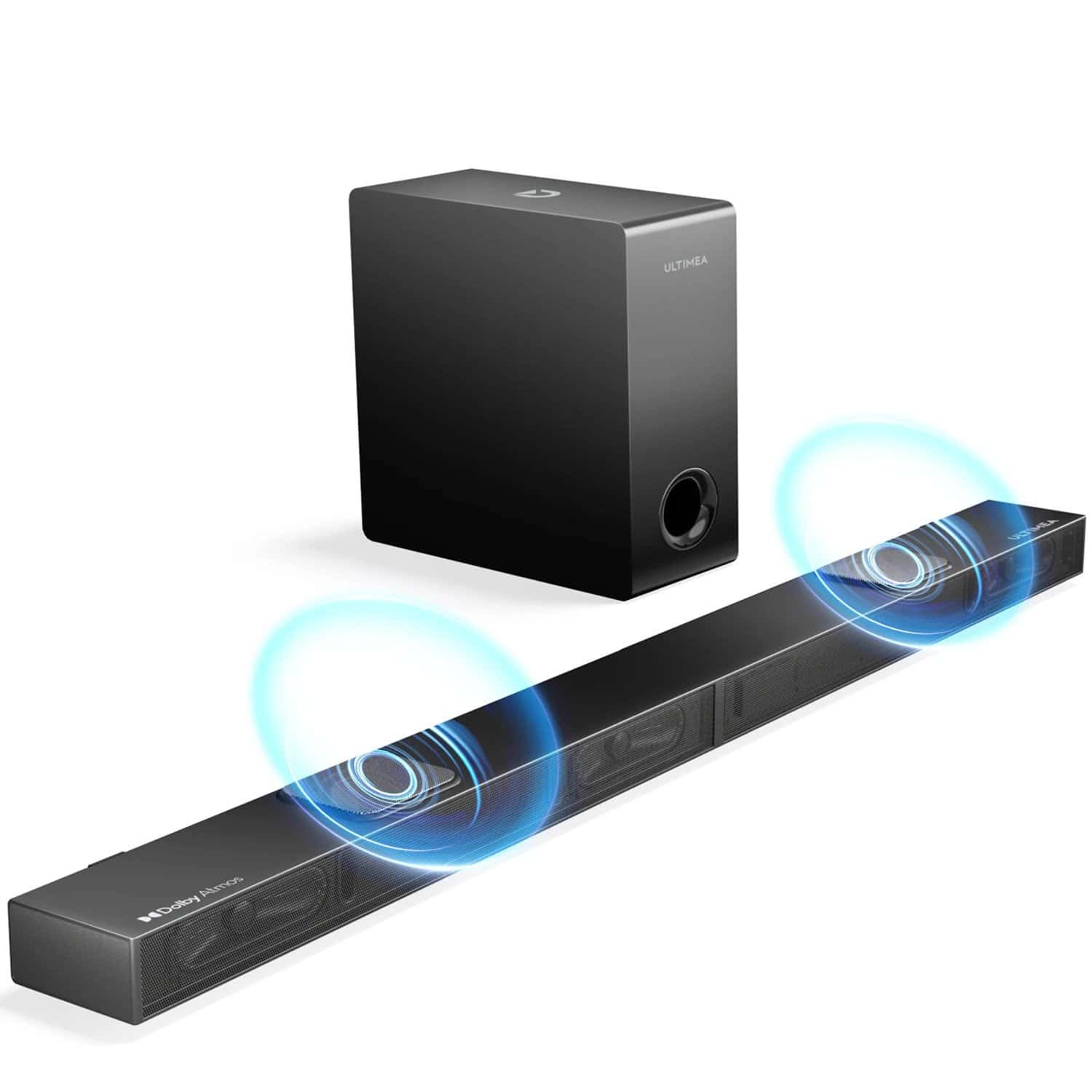 Wireless soundbar and subwoofer home theater system for clear TV audio and enhanced entertainment experience.