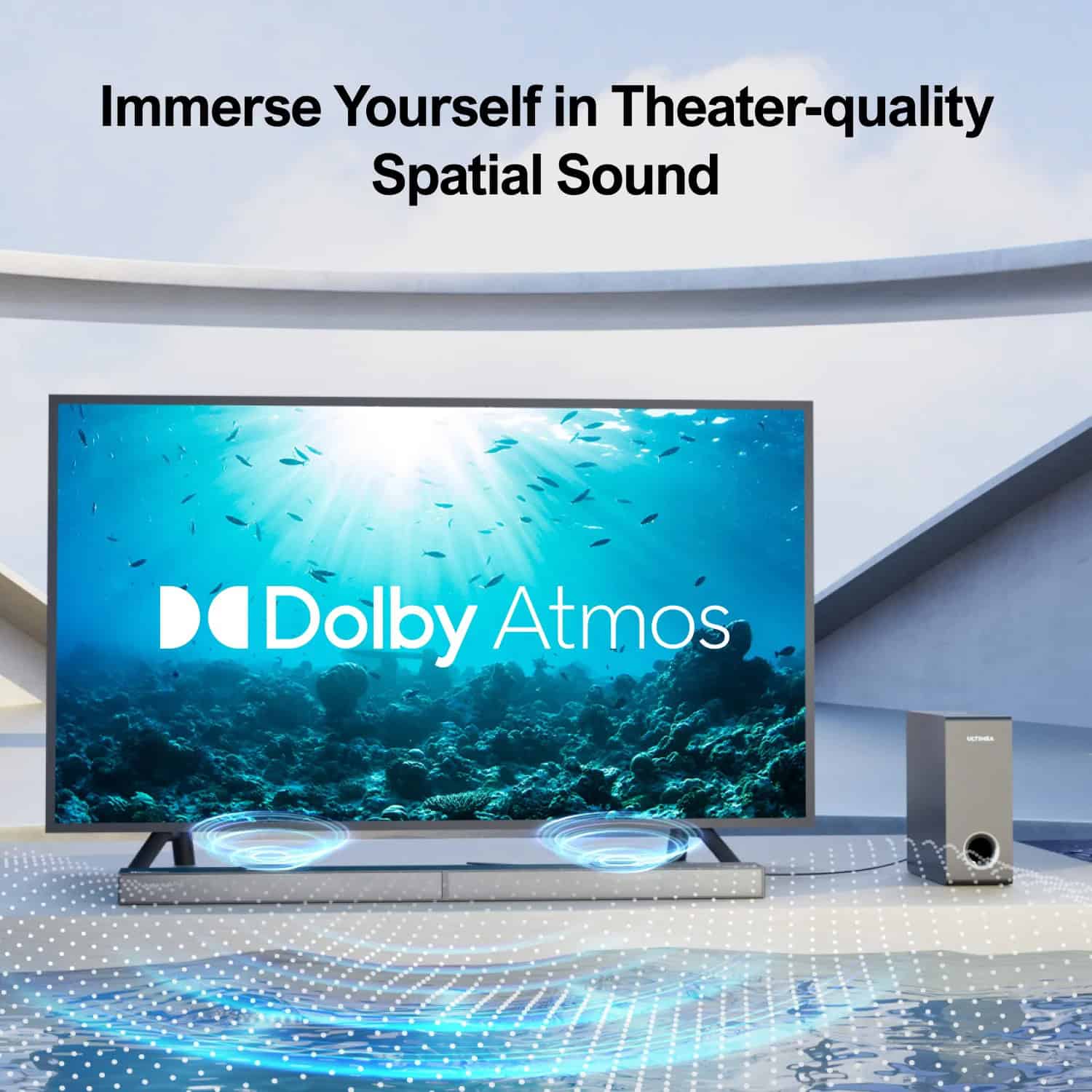 Vivid underwater scene showcasing Dolby Atmos home theater system for immersive sound experience for optical and home entertainment.