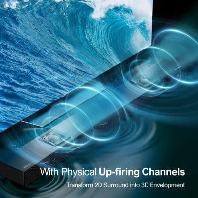 Antenna with physical up-firing channels transforming 2D surround sound into immersive 3D audio environment for enhanced listening experience.