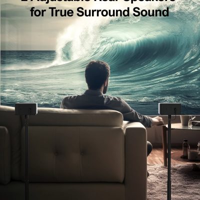 2. Large home theater with adjustable rear speakers and immersive surround sound system for premium entertainment experiences.