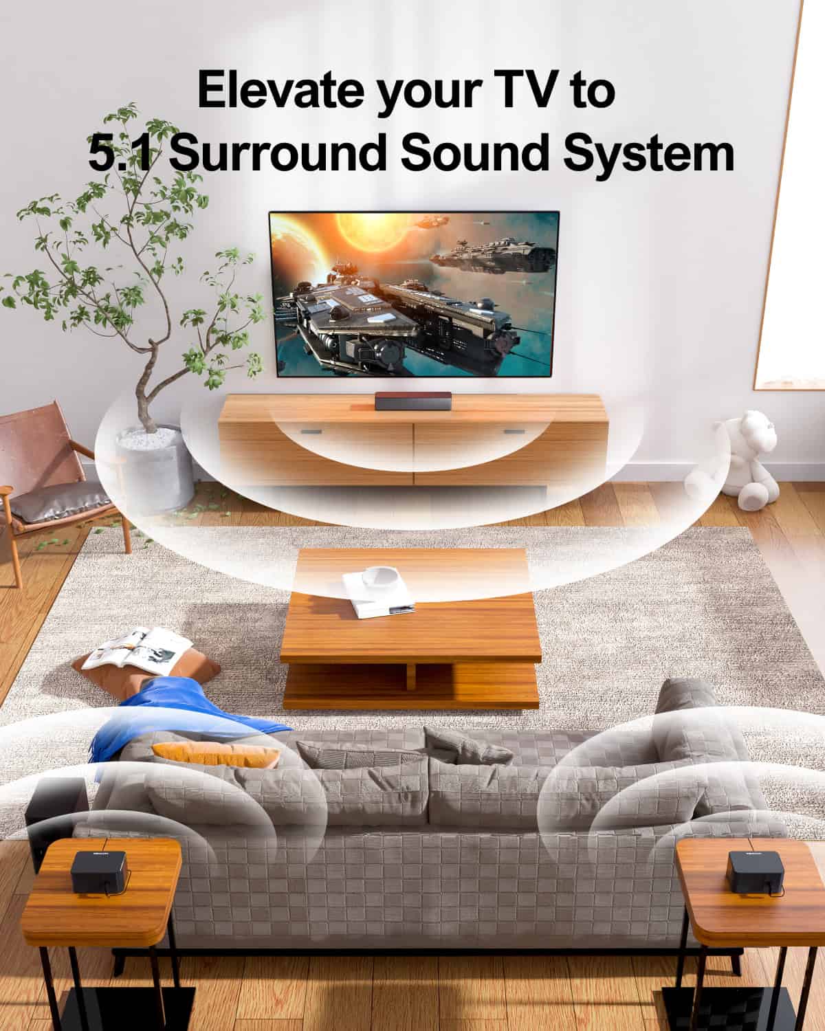 High-quality home theater system setup with surround sound for immersive audio experiences in a modern living room. Perfect for gaming, movies, and entertainment.