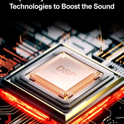 2. High-resolution image of a DSP SuroundX chip showcasing advanced proprietary acoustic architecture technologies for enhanced sound quality.