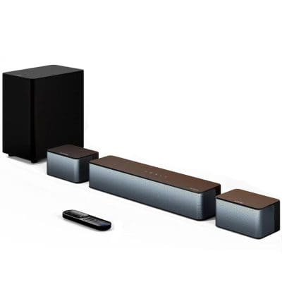 Wireless home theater sound system with sleek black and silver speakers and remote control for immersive audio experience.