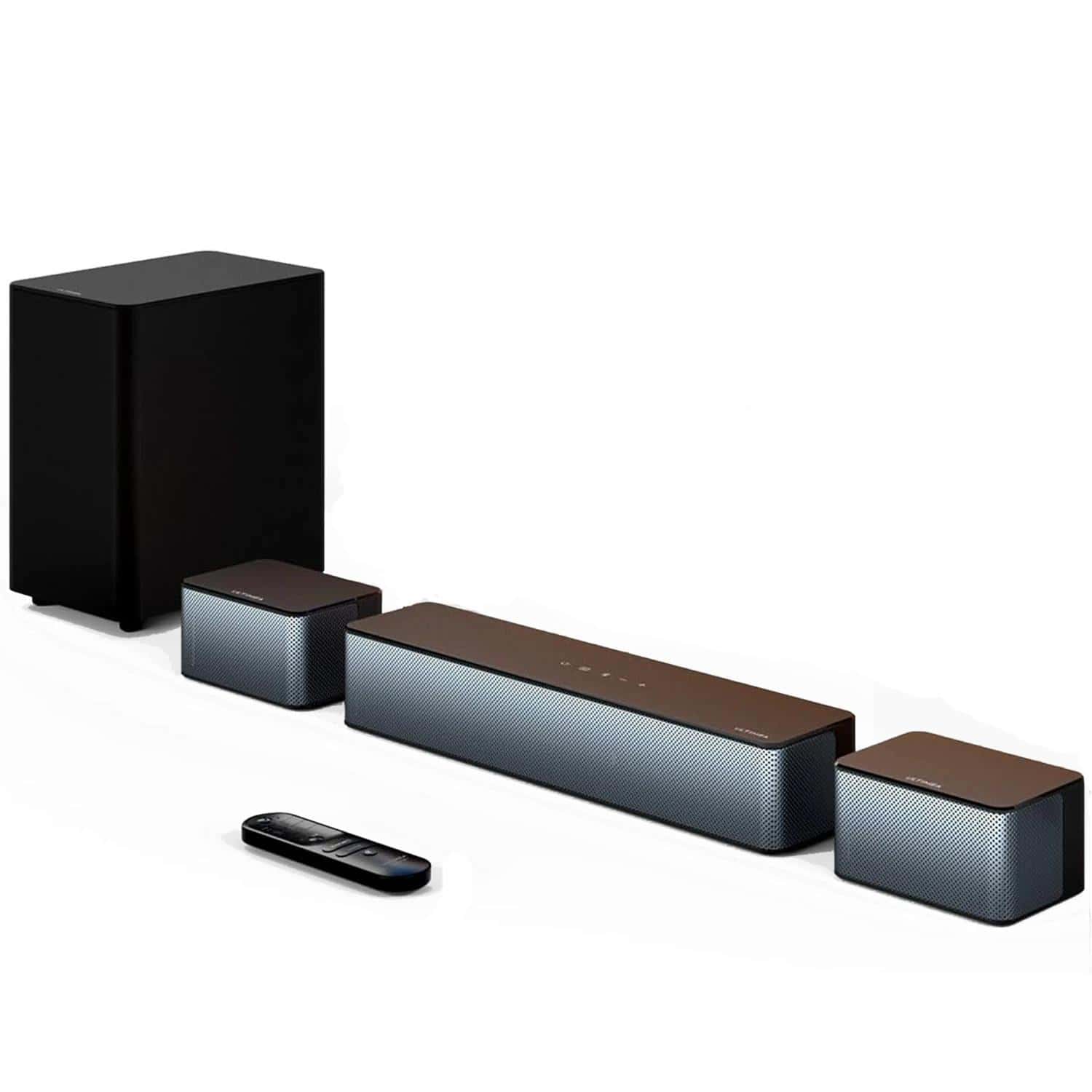 Wireless home theater sound system with sleek black and silver speakers and remote control for immersive audio experience.