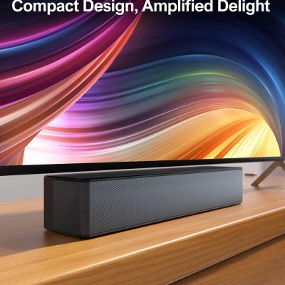 High-quality modern soundbar on wooden TV stand, vibrant digital display background, advanced home entertainment system, sleek design, optimal audio for TV, compatible with smart home devices.