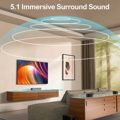 Dolby Atmos immersive surround sound system in modern living room with ceiling speakers and ambiance.