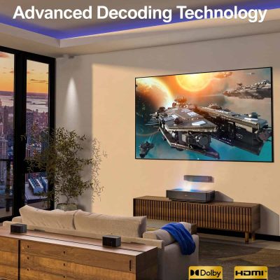 Immersive home theater with Dolby Atmos audio and 4K HDR TV setup, modern living room decor, large window with city view.