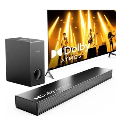 High-quality Dolby Atmos sound system with TV, subwoofer, and soundbar for immersive home entertainment at Monalisa Medical Store.