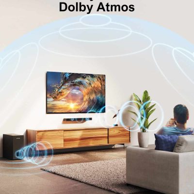High-quality image of a modern living room showcasing a TV with Dolby Atmos sound technology for immersive audio experience.