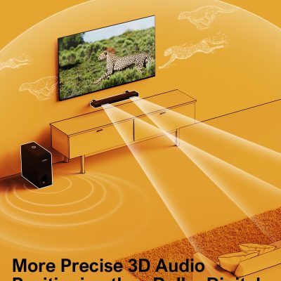 Enhanced immersive audio experience with advanced 3D sound technology in a modern home entertainment setup.